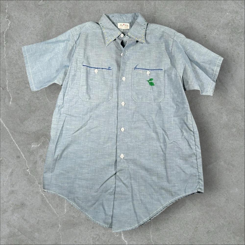 Vintage King Kole Shirt Men Small Blue Denim Chambray 50s 60s Embroidered Hippie